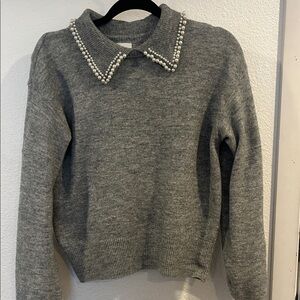 H&M Grey Crewneck Sweater with Pearl-Embellished Collar